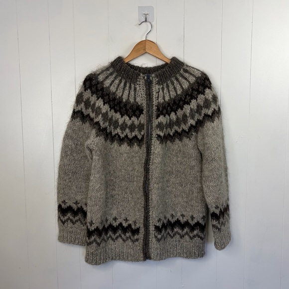 Vintage Sweaters - Vintage Wool Fair Isle Sweater Nordic Oversized Cardigan Boho Cabin Winter Large